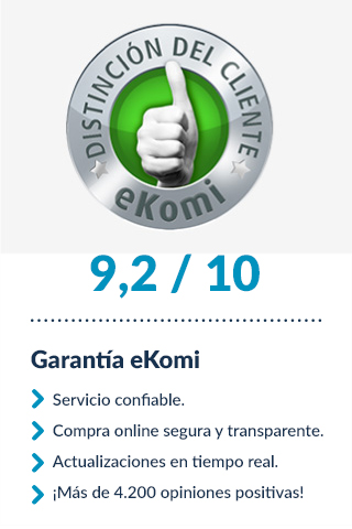 Logo e información sobre la Garantía eKomi con una valoración de 9,2/10